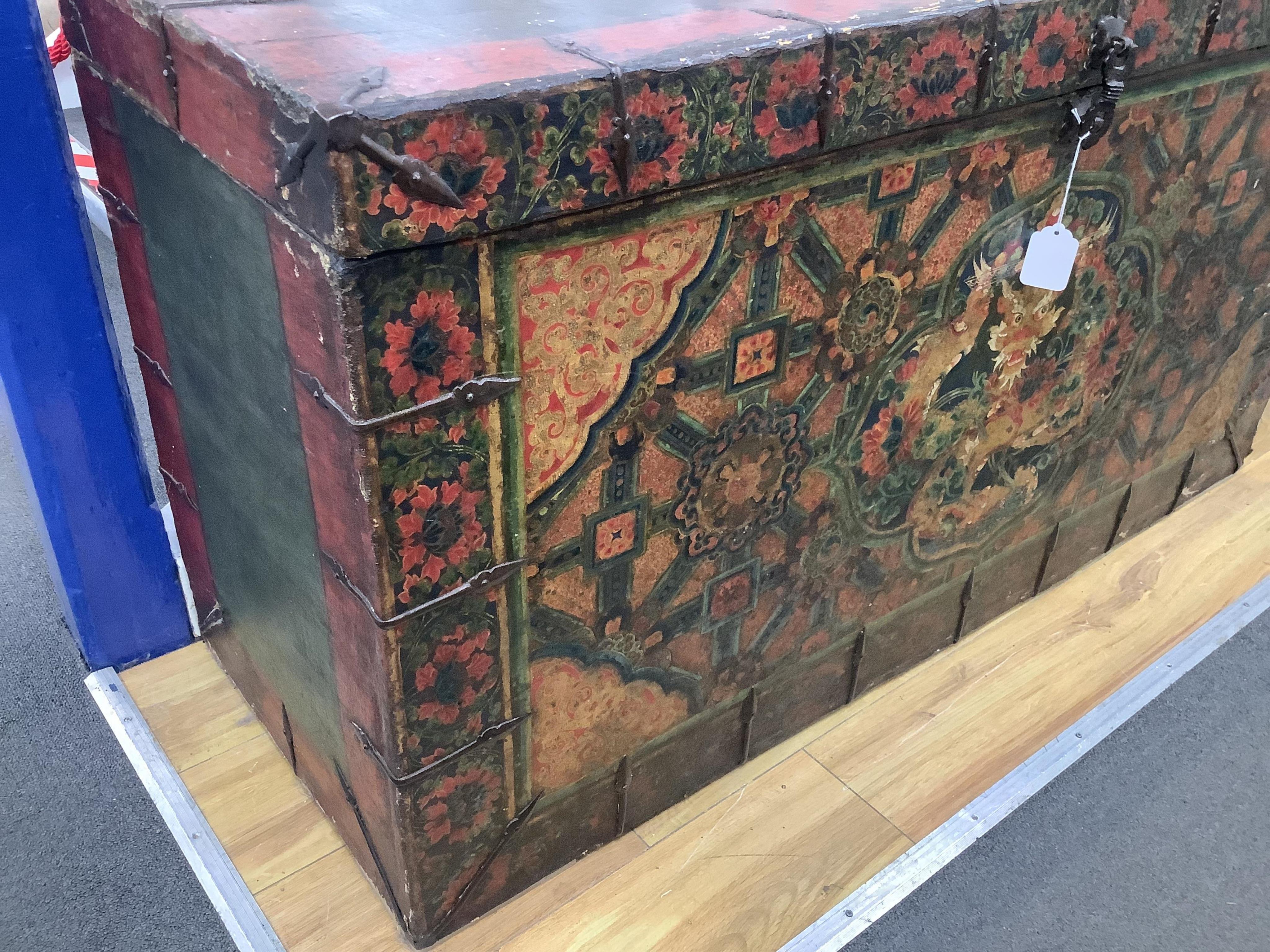 An early 19th century Tibetan, Dzongkha dragon painted trunk, width 122cm, depth 45cm, height 66cm. Condition - fair